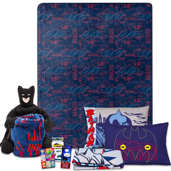Batman Toddler Bed Bedding Set - Bundle with Plushie, Throw Blanket, Pillowcase, Stickers, Activity Book