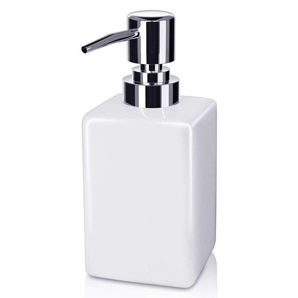 Ceramic Soap Dispensers, 320ML Square Classical Soap & Lotion Pump Dispenser for Kitchen/Bathroom/Laundry Room, Refillable Shampoo, Hand Soap, Dish Soap, Essential Oil (White)