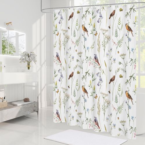 Litabel Sage Green Cute Floral Shower Curtain, Watercolor Birds, Butterflies, Snails & Flower Design Shower Curtains for Chic Bathroom, Nature-Inspired Garden Fabric Shower Curtain, 72 x 72