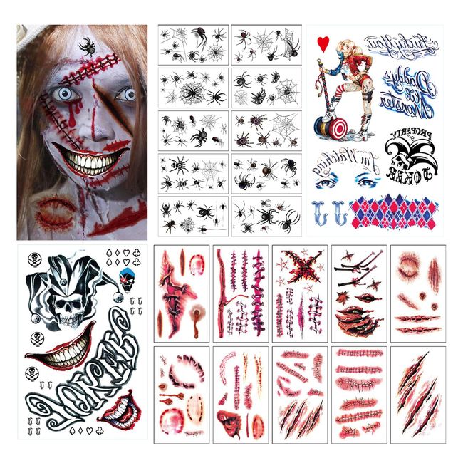 22 sheets Halloween Temporary Wound Tattoos,Halloween Tattoos for Adults,Halloween Make Up Adults,Halloween Scar Tattoos Realistic