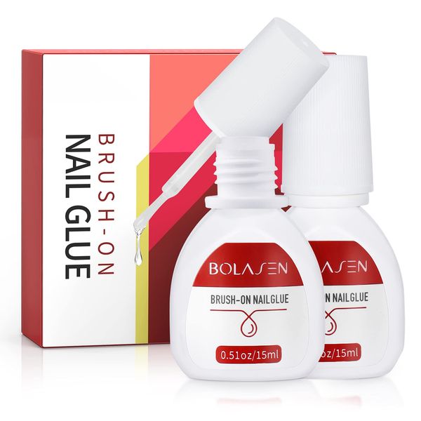 BOLASEN False Nail Glue Extra Strong(2*15ml) Super Strong Nail Glue Brush on Nail Glue for Acrylic Tips Extra Strong Acrylic Nail Glue for Broken Nails Quick Dry Professional Nail Glue for False Nails