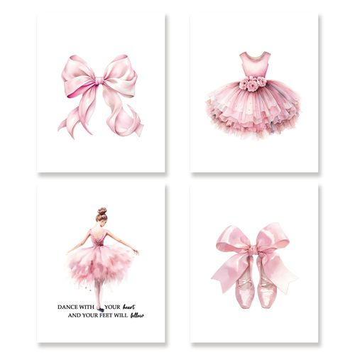 KSDUT Coquette Ballet Wall Decor Art Set of 4 - Trendy Ballerina Artwork Poster Prints Pink Preppy Baby Girls Wall Decor for Nursery Girls Room Decorations - 8"x10" Unframed
