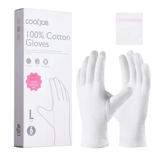 COOLJOB White Cotton Gloves for Women and Men, 6 Pairs Eczema Gloves with a Free Wash Bag, 100% Cotton Moisturising Protective Gloves for Dry Hands, Jewelry Inspection (6 Pairs, Size M)