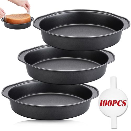 Unokit 8" Round Cake Pan Set of 3, Carbon Steel Cake Baking Pans with 100 PCS Parchment Paper, Nonstick Cake Pans with Handle, Dishwasher Safe