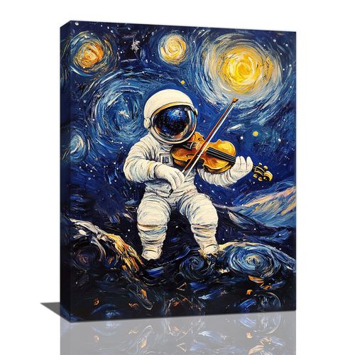 Space Wall Art, Astronaut Starry Night Pictures Wall Decor, Spaceman Violin Canvas Prints Paintings, Framed Artwork for Bedroom Living Room Bathroom Kitchen Dining Room Office 16"x12"