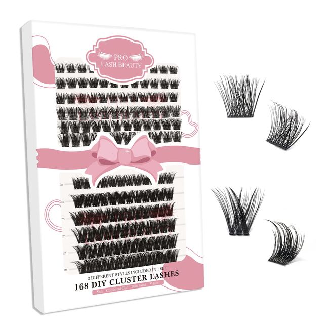 168 Pcs Lash Clusters 2 Styles Mixed Cluster Lashes DIY Eyelash Extensions Eyelash Cluster Extension DIY Individual Lashes Super Thin Band Soft and Easy to Wear (First Glance+Adore,C-Mix)