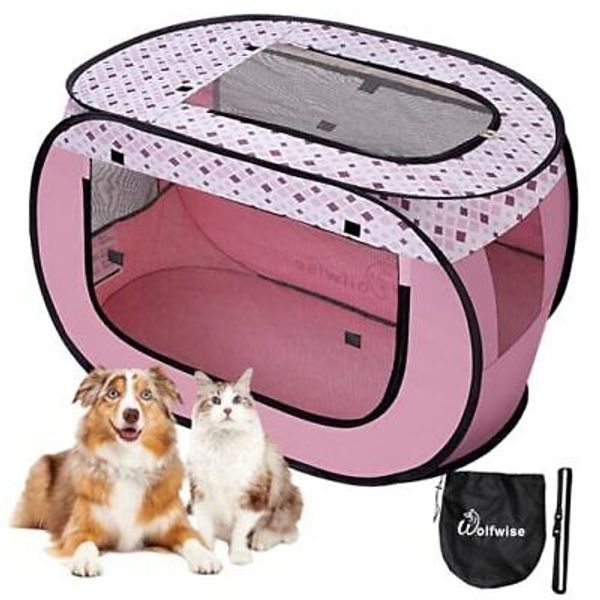 Pet Playpen, Pop Up Portable Dog Crate Indoor, 600D 35.4"x23.6"x23.6" Pink