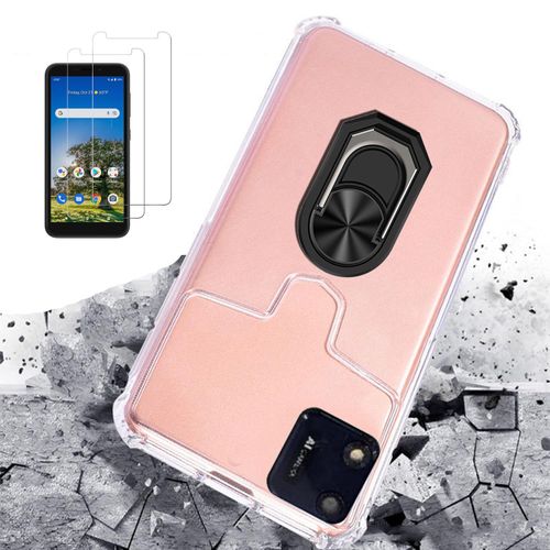 DAMONDY for Foxx Foxxd A55 Case 2 Pack Screen Protector Tempered Glass,Shock Protective Kickstand 360 Ring Holder Defender Transparent Slim Phone Cover Case for Foxx A55 -Black