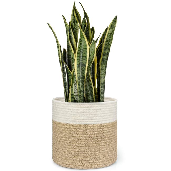 Dahey Jute Spliced Cotton Rope Plant Basket Modern Woven Storage Basket for 10" Floor Indoor Planter, 11" x 11" Decorative Flower Pots Cover Laundry Bin with Handle Rustic Home Decor, White and Beige