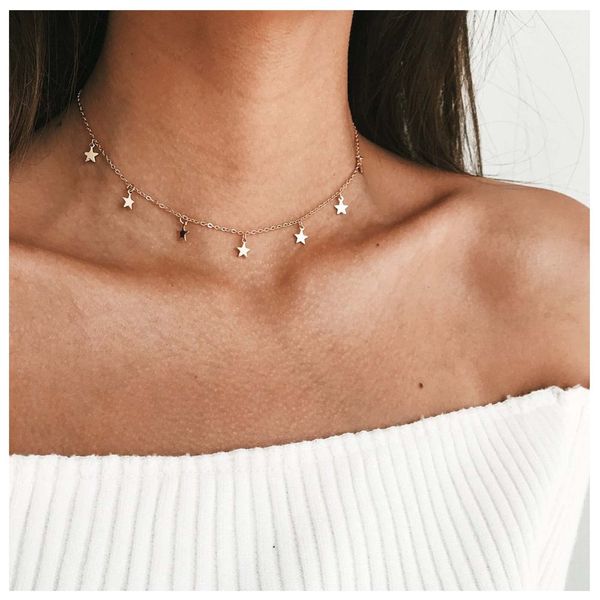 Iaceble Bohemia Star Necklace Star Dangle Choker Necklace Gold Stars Short Necklace Minimalist Star Tassel Chain Necklace Jewelry for Women and Girls