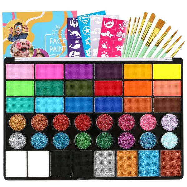 Bowitzki Face Paint Kit,Water Based Non Toxic Face Paint Palette with 24 Colors,16 Glitters, 32 Stencils & 10pcs Brushes, Professional Body Face Paint Makeup For Party,Halloween,Carnival,Festival