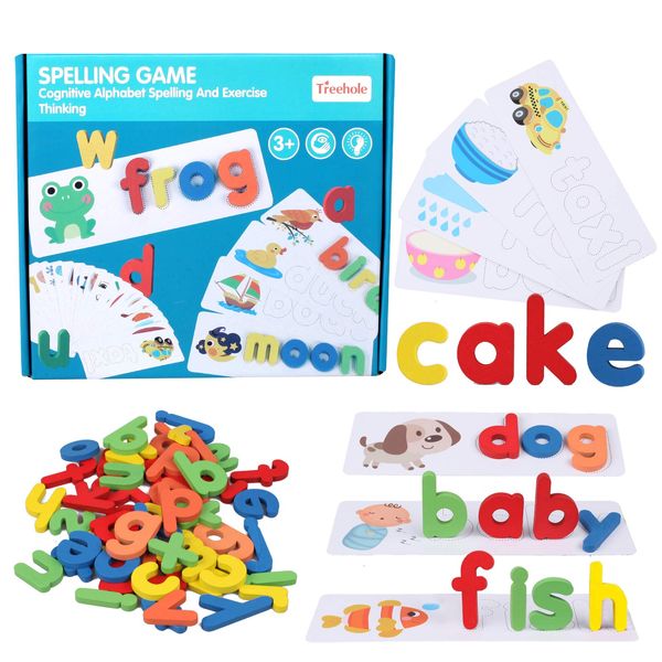 camelize Spelling Games for Kids,Alphabet Puzzle Game Toy Set with 28 Double-Sided Word Pattern Cognition Cards & 52 wooden letter blocks,Preschool Vocabulary Spelling for Kids Toddlers