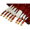 8pcs Professional Kitchen Knife Set Damascus with Red/Brown Handle & Leather