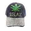 Popfizzy Bling Weed Hat for Women Rhinestone Hat, Bedazzled Baseball Caps, Distressed Hat, Fancy Bejeweled Hats, Sparkle Studded Denim Ball Caps (Relax, Weed (Denim))