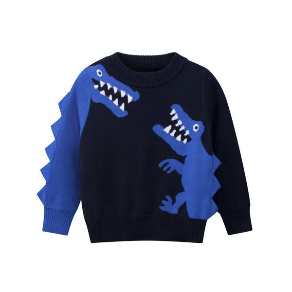 Boys Multi Color Contrast Dinosaur Pattern Round Collar Knit Sweater Outfit - 90 (12-24M) / Navy Blue (Dark Blue)