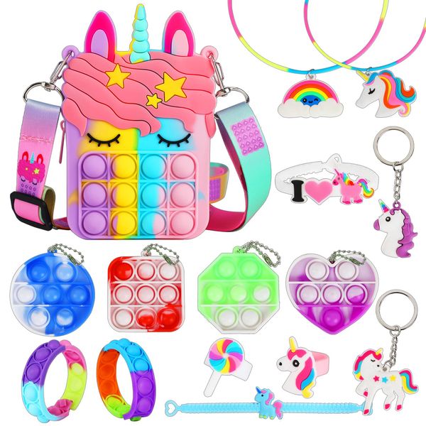 Fidget Purse, Pop Fidget Push It Bubble Popper Unicorn Bag with Bulk Fidget Bracelets Key Chain Stress Relief Toys for Girls Ages 3-12 Gift Easter Basket Stuffers Birthday Party Favor Xmas Stocking