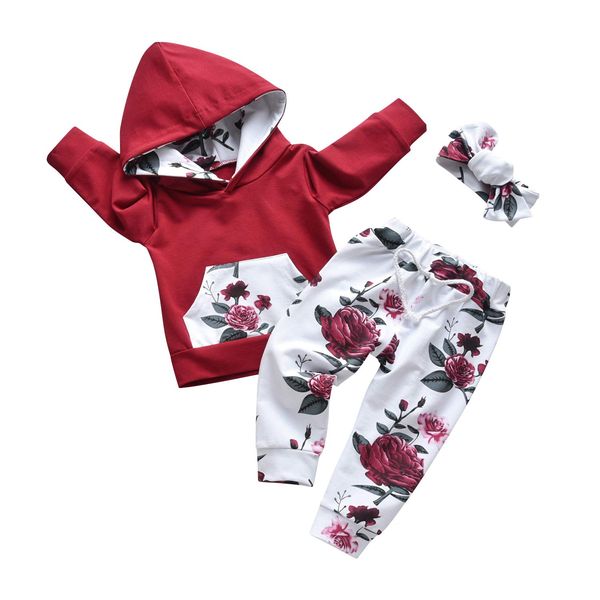 Eghunooy Baby Girl Clothes Long Sleeve Floral Hoodie Sweatshirt Pants with Pocket Headband Outfit Sets (3-6 Months) Wine Red