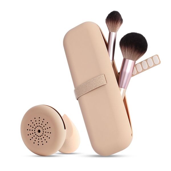 Shockassist 2 Stück Make Up Pinsel Tasche Silikon Make Up Pinsel Aufbewahrung 1stk Pinseltasche Make Up + 1stk Beauty Blender Case, Leicht zu Reinigen, Weich und Tragbar, für Reisen (Khaki)