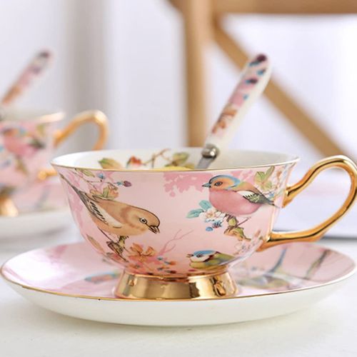 Pfedxoon Bone China Tea Cup with Saucer Spoon 3 Piece Set（240ml） Cappuccino Cups, Tea Cup Set, British Coffee Cups, Porcelain Tea Set, Latte Cups, Mother's Day Gift (Pink Bird)