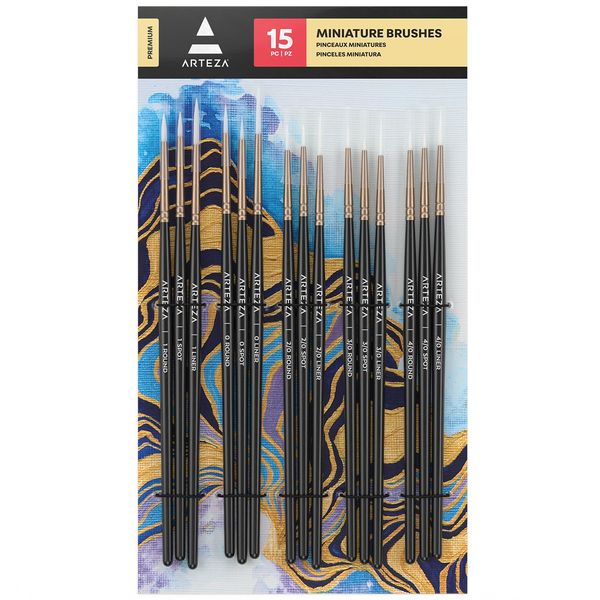 Arteza Detail Paint Brushes, Set of 15, Fine Detail Brush Set for Miniature Models and Canvases, Synthetic Bristles, Small Paint Brushes for Details, Fine Lines, and Shading