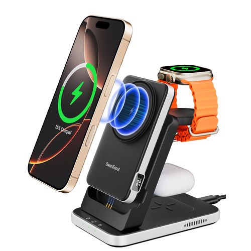 3 in 1 Charging Station Compatible with MagSafe for Apple, SwanScout 304M, Magnetic Wireless Charger Stand with 5000mAh Detachable Portable Charger for iPhone 16/15, Apple Watch, AirPods (No Adapter)