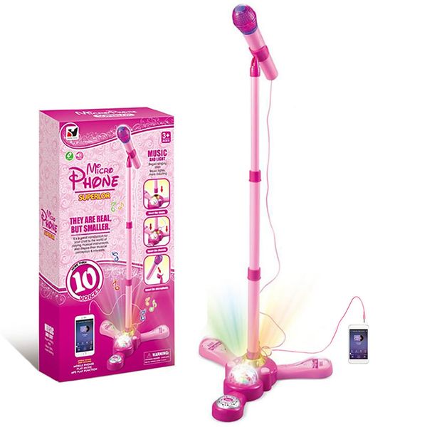 Kids Karaoke Machine with Adjustable Stand,Kids Microphone Music Sing Along with Flashing Stage Light and Pedals Gift for Kids (Pink)