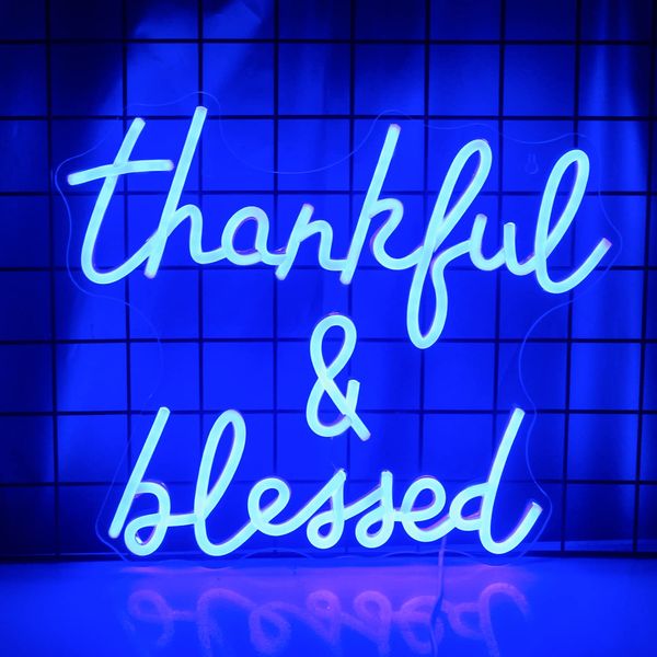 Wanxing Thankful and Blessed Neon Sign Thanksgiving Led Sign Blessed Neon Lights Blue Light up Sign USB Powered Switch Neon Signs for Wall Decor for Wedding Decoration Birthday Party Girls Decor