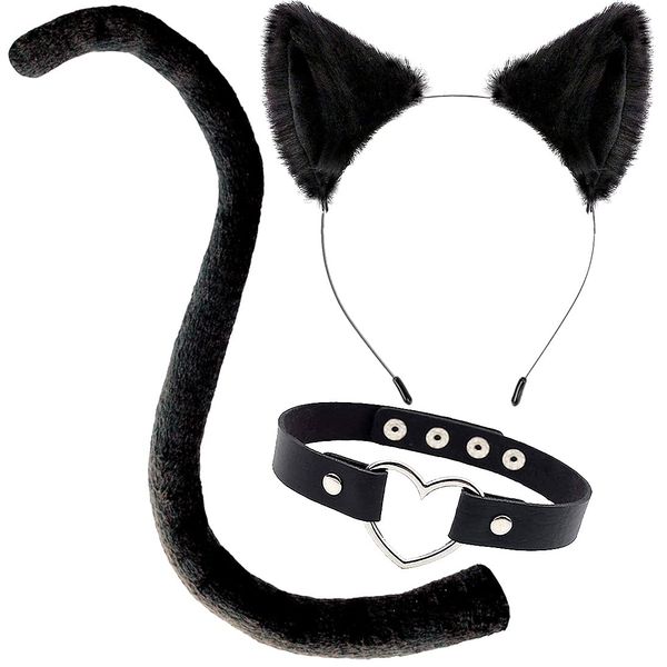 OLYPHAN Cat Ears and Tail Costume Accessories Anime Ear Clips Headband Black Tail Long & Heart Choker for Cosplay Cat Costume Set Animal Ears Hair Clip for Women, Halloween, Neko Accessory Kit