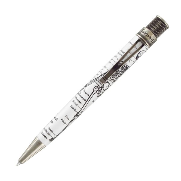 Retro 1951 Tornado™ Vintage Metalsmith Dr. Gray Skeleton Rollerball Pen - Glow-in-the-Dark, Antique Silver Accents, Preloaded Black Ink Cartridge Skull Pens for Anatomy Enthusiasts