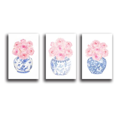 GZJBJITQ 3 PCS Pink and Blue Wall Art Preppy Watercolor Blue and white porcelain Canvas Posters Dorm Wall Art Girly Room Decor Aesthetic Coquette Wall Decor for Bedroom Decor