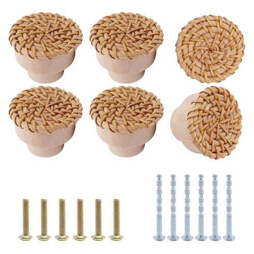 YuGtcen 6pcs Wooden Cabinet Knobs, Boho Wood Dresser Knobs Kitchen Cabinet Knob Rattan Woven Knob Pulls for Furniture Cupboard Dresser Drawer Closet Door (Natural)