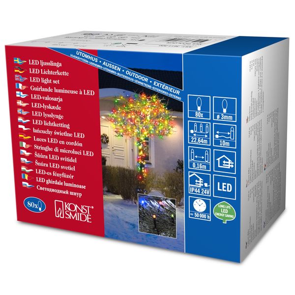 Konstsmide Christmas Lights/LED Fairy Lights/Christmas Tree Lights Outdoor or Indoor (IP44)/24V Transformer Plug In/80 Multi Coloured Diodes/Black Cable String Lights, 3611-500