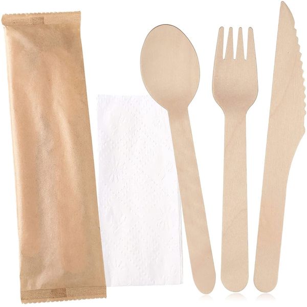 Set of 20 Disposable Wooden Sparking Spoons & Knife Set & Napkin Events Cafe Unbleached Individual Packaging Hygienic Eco-friendly Commercial Use Biodegradable Fully Compostable. Suitable for Hiking, Wedding, Parties and More (style1)