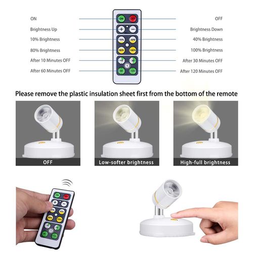 LEASTYLE Spot Lights Battery Operated Picture Lights Mini Accent Lights Indoor Dimmable LED Spotlight with Remote Stick on Anywhere Rotatable Wall Light(2 Pack)