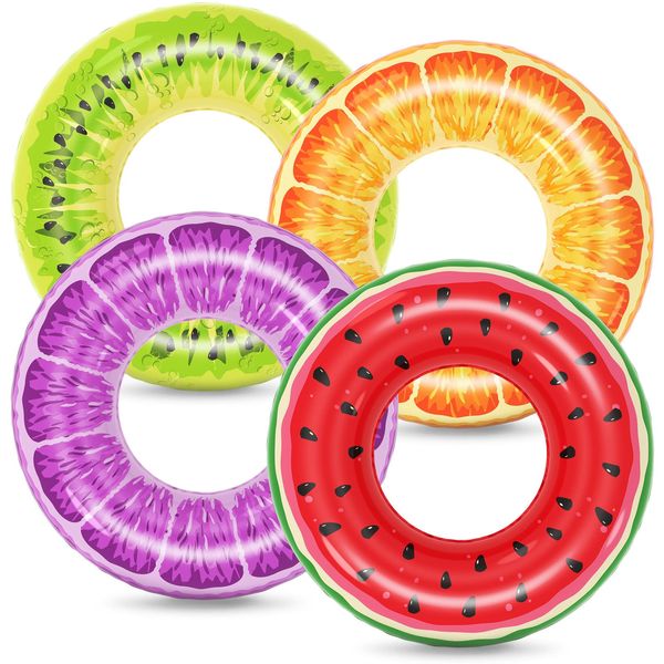 Jasonwell Inflatable Pool Toys Floats for Swimming Pool Party Lake Beach Kids Adults - 4 Pack Floaties Pool Tubes Swim Rings Fruit Water Floaty Watermelon Kiwi Orange Grape