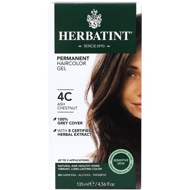 Herbatint Permanent Haircolor Gel, 4C Ash Chestnut, Alcohol Free, Vegan, 100% Grey Coverage - 4.56 oz