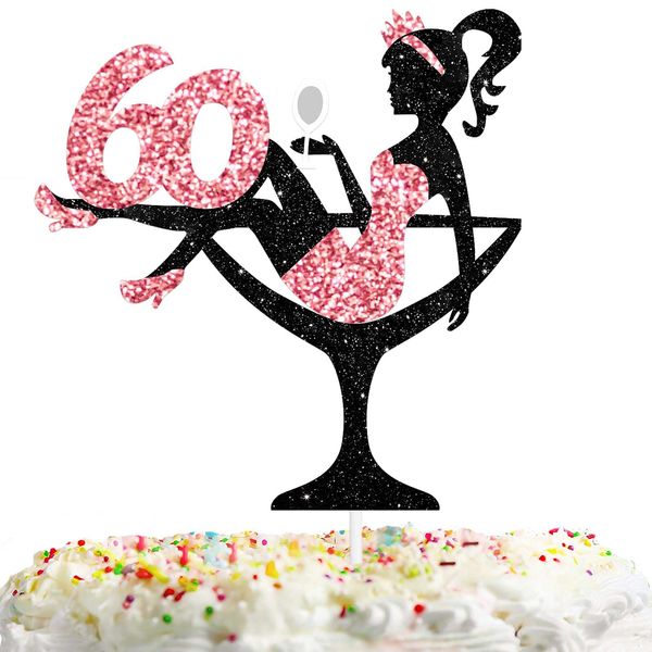 Sitting Girl Cake Topper Picks for Girl Lady 60th Birthday Makeup Spa Theme Party Decoration Supplies 60 Silhouette High Heeled Girl Cake Decor Rose Gold Glitter