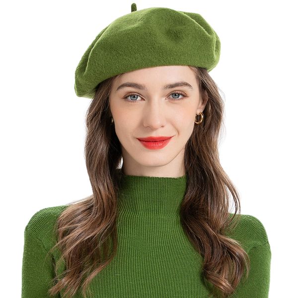 ZLYC Wool Beret Hat Classic Solid Color French for Women (Army Green)