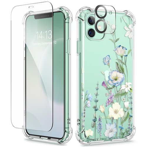 GVIEWIN for iPhone 11 Case with Screen Protector + Camera Lens Protector, [Not-Yellowing] Clear Soft TPU Shockproof Protective Cover for Women Girls Flower Pattern Phone Case 6.1"(Aquilegia/White)