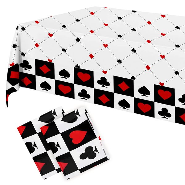 PHOGARY 2 Pieces Casino Theme Tablecloth, Poker Table Cover Casino Disposable Plastic Rectangular Tablecover for Playing Card Birthday Party Favors Supplies