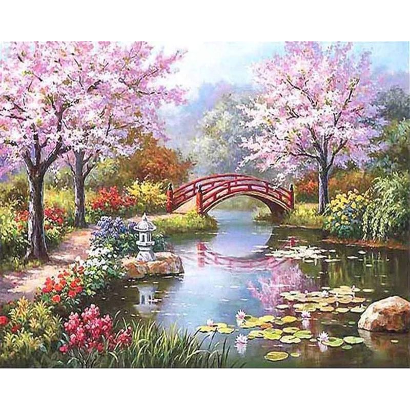 Amiiba DIY Paint by Numbers Kits, Cherry Blossom Trees Bridge Lake ...