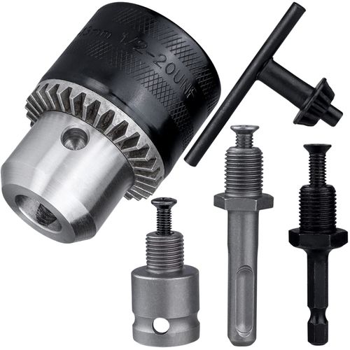 Bestgle 1.5-13mm Drill Chuck Hex Shank + SDS + 1/2" Adapter Socket Keyless Drill Chuck Drill Chuck 13mm Electric Drill Chuck Impact Driver Electric Drill Power Tool Accessories Metal with Key Black