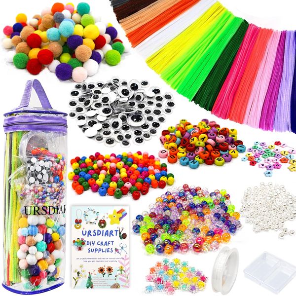 URSDIART 1000+Pcs Art and Craft Supplies, Colored Beads and Pipe Cleaners Crafts, Art Supplies DIY Craft Kit Beads for Bracelets Making Jewelry Necklace, Gift for Girls and School Supplies