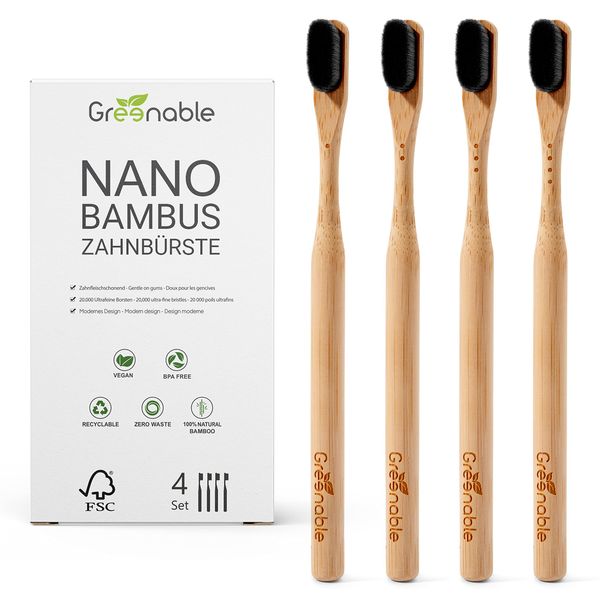 Greenable ® Nano Zahnbürste aus Bambus [4er Set] – 20.000 Extra weiche Borsten – 100% BPA-frei - Bamboo Toothbrush - Vegane & umweltfreundliche Bambus Zahnbürste (Schwarz)