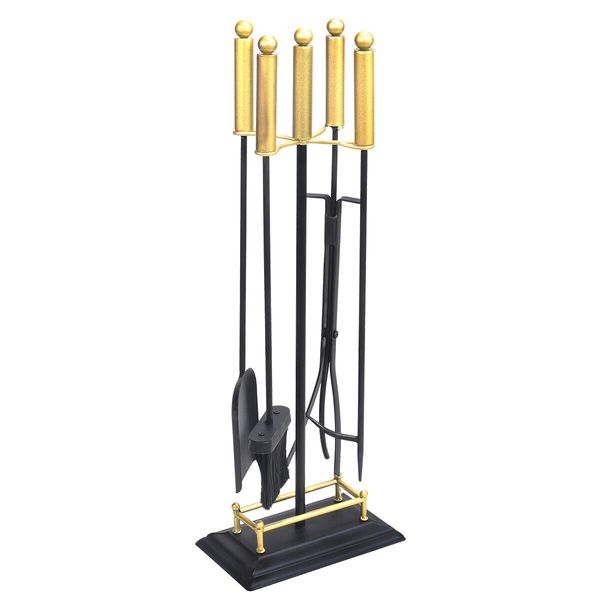 Barton 5Pc Fireplace Tools Black & Gold Wrought Iron w/Stand Poker Shovel Tongs