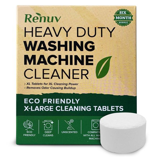 Renuv Heavy Duty Washing Machine Cleaner Descaler Tablets - Deep Cleaning for Front Load or Top Load Washer (Original Packaging - 6 Pack 1 Box)