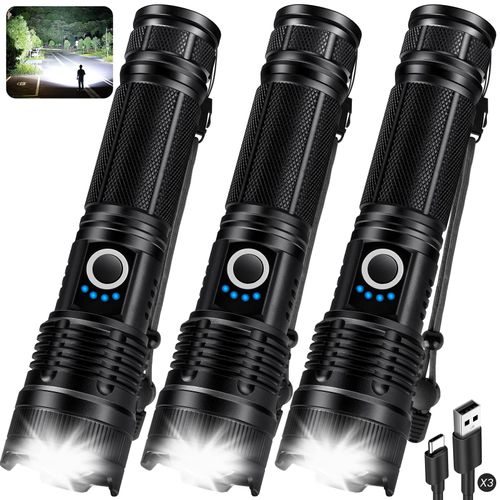 KINGCAESAR 3 Pack Flashlights High Lumens - 90,000 Lumen Super Bright Rechargeable Flashlight with 5 Light Modes, High Powered 5000 ɱAh LED Flash Light for Home, IPX7 Waterproof for Camping