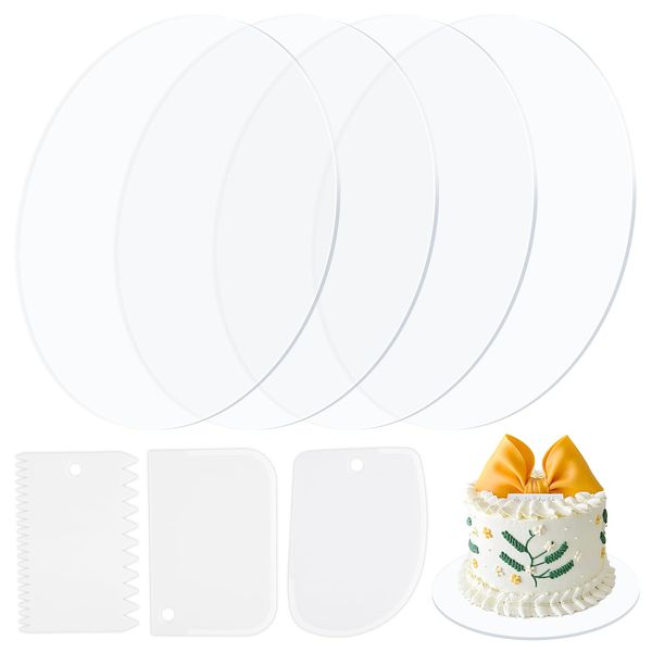 4 Pcs Acrylic Cake Disc, 8 Inch Cake Board, Round Cake Boards, Reusable Clear Cake Base Board with 3 Cake Scrapers, Acrylic Board for Cake Stands, Colour Palette,Crafts
