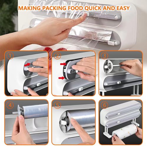Magnetic Plastic Wrap Dispenser with Cutter - Refillable Aluminum Tin Foil and Plastic Wrap Organizer for Kitchen, Upgraded 3 in 1 Paper Towel Holder Wall Mount - Fits 12" Roll