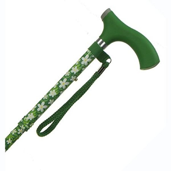 Folding Aluminum Walking Cane Green Floral with Height Adjust
